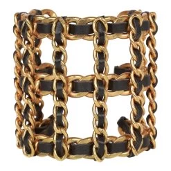 Vintage Chanel Gold Chain And Black Leather Cuff Bracelet
