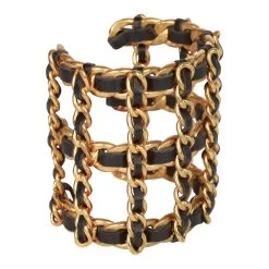 Vintage Chanel Gold Chain And Black Leather Cuff Bracelet 12 Vintage Chanel Gold Chain And Black Leather Cuff Bracelet -Online Bag Store C B 010523 4 04