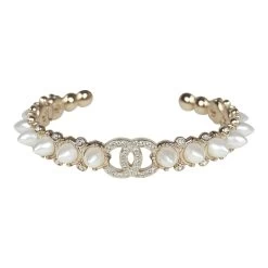 Chanel CC Spiked Crystal And Pearl Cuff Bracelet Light Gold Hardware