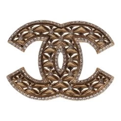 Chanel Crystal CC Gold Quilted Brooch