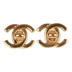 Vintage Chanel Gold Plated Classic Turnlock CC Earrings