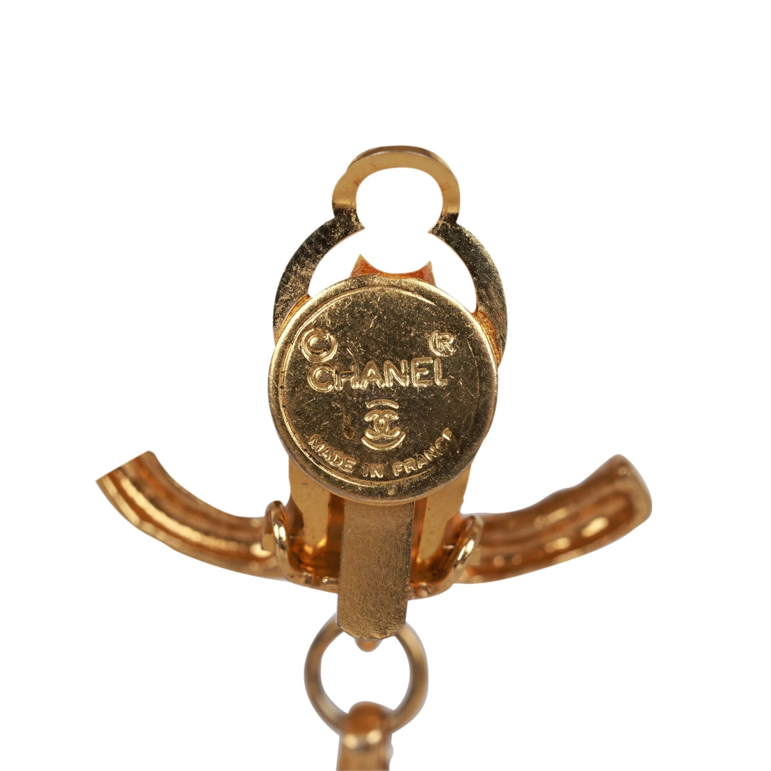 Vintage Chanel Gold Plated Textured Rhinestone Dangle Clip On Earrings 8 Vintage Chanel Gold Plated Textured Rhinestone Dangle Clip On Earrings - Image 6