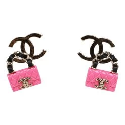 Chanel Pink, Black And Gold CC Classic Flap Bag Earrings