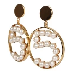 Vintage Chanel Jumbo No. 5 Circle Dangle Earrings Faux Pearl And Gold Metal -Online Bag Store C E 230920 2 03