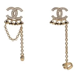 Chanel CC Rhinestone And Gold Metal Dangle Ear Cuff Earrings