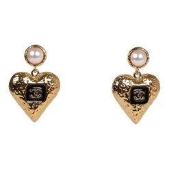 Chanel Heart Shaped CC Black Enamel, Faux Pearl, And Gold Metal Earrings