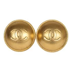 Vintage Chanel CC Round Button Clip On Earrings Gold Metal