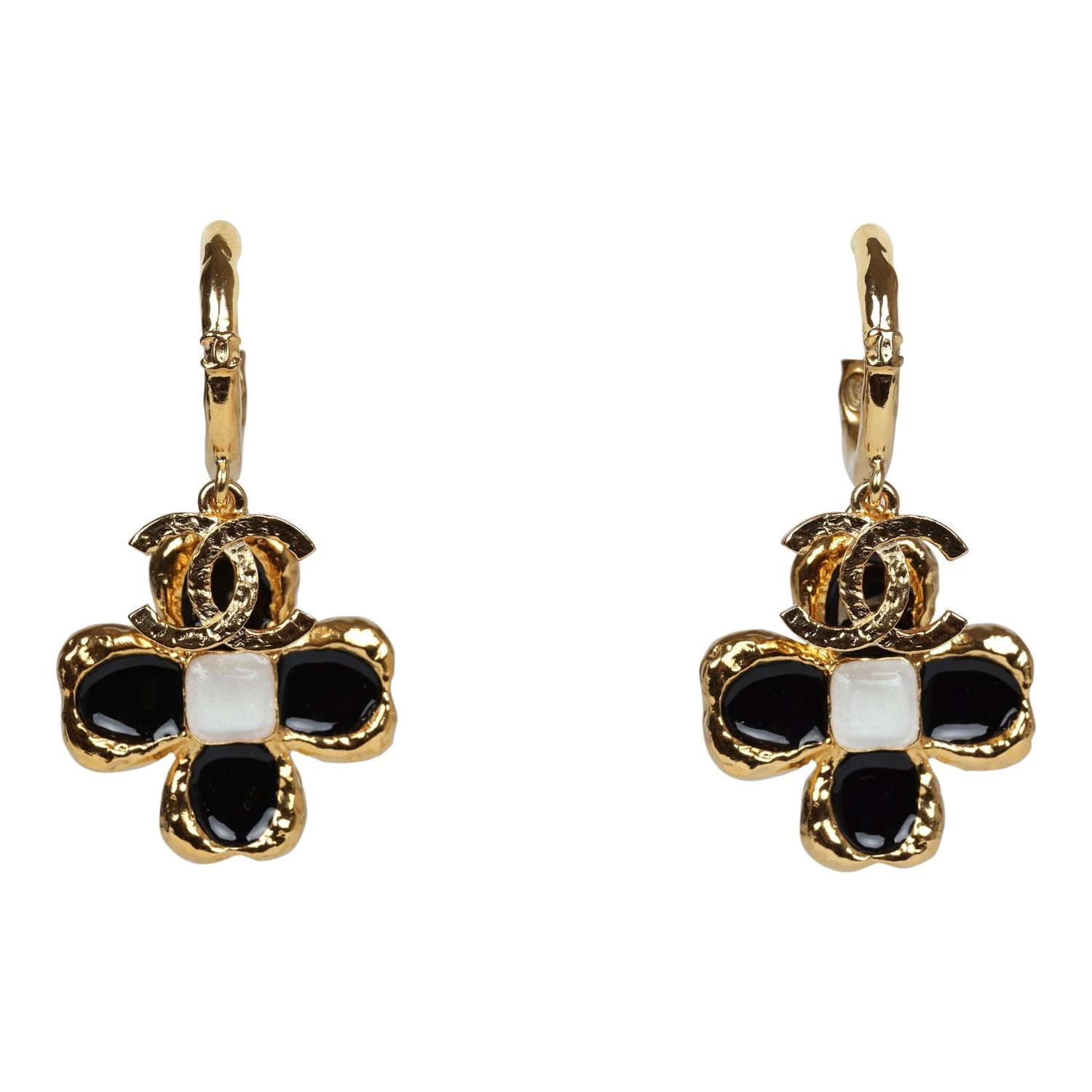 Chanel Flower Dangle CC Earrings Black Enamel & Gold Metal 3 Chanel Flower Dangle CC Earrings Black Enamel & Gold Metal