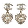 Chanel Crystal Heart Dangle CC Earrings Faux Pearl Light Gold Metal -Online Bag Store C E 231116 3 01