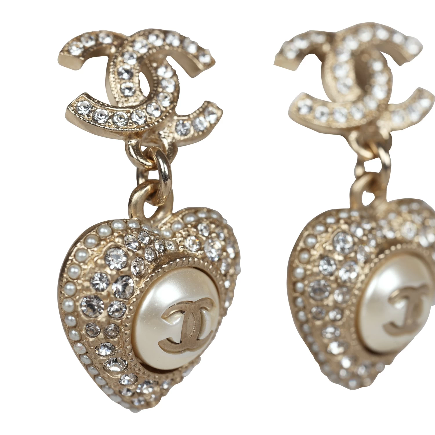 Chanel Crystal Heart Dangle CC Earrings Faux Pearl Light Gold Metal 4 Chanel Crystal Heart Dangle CC Earrings Faux Pearl Light Gold Metal - Image 2