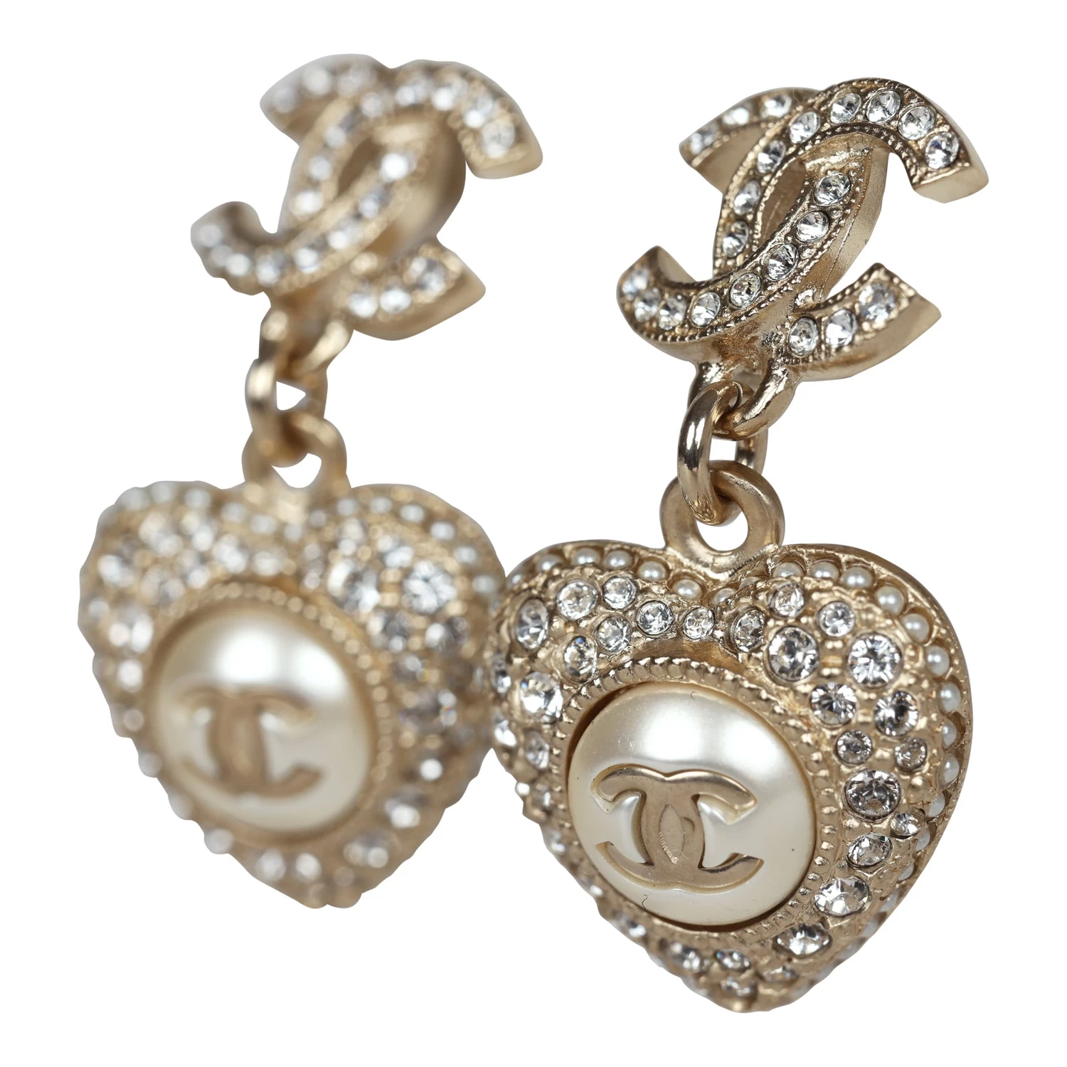 Chanel Crystal Heart Dangle CC Earrings Faux Pearl Light Gold Metal 5 Chanel Crystal Heart Dangle CC Earrings Faux Pearl Light Gold Metal - Image 3