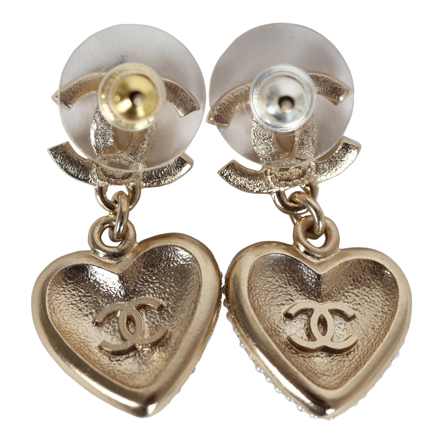 Chanel Crystal Heart Dangle CC Earrings Faux Pearl Light Gold Metal 6 Chanel Crystal Heart Dangle CC Earrings Faux Pearl Light Gold Metal - Image 4