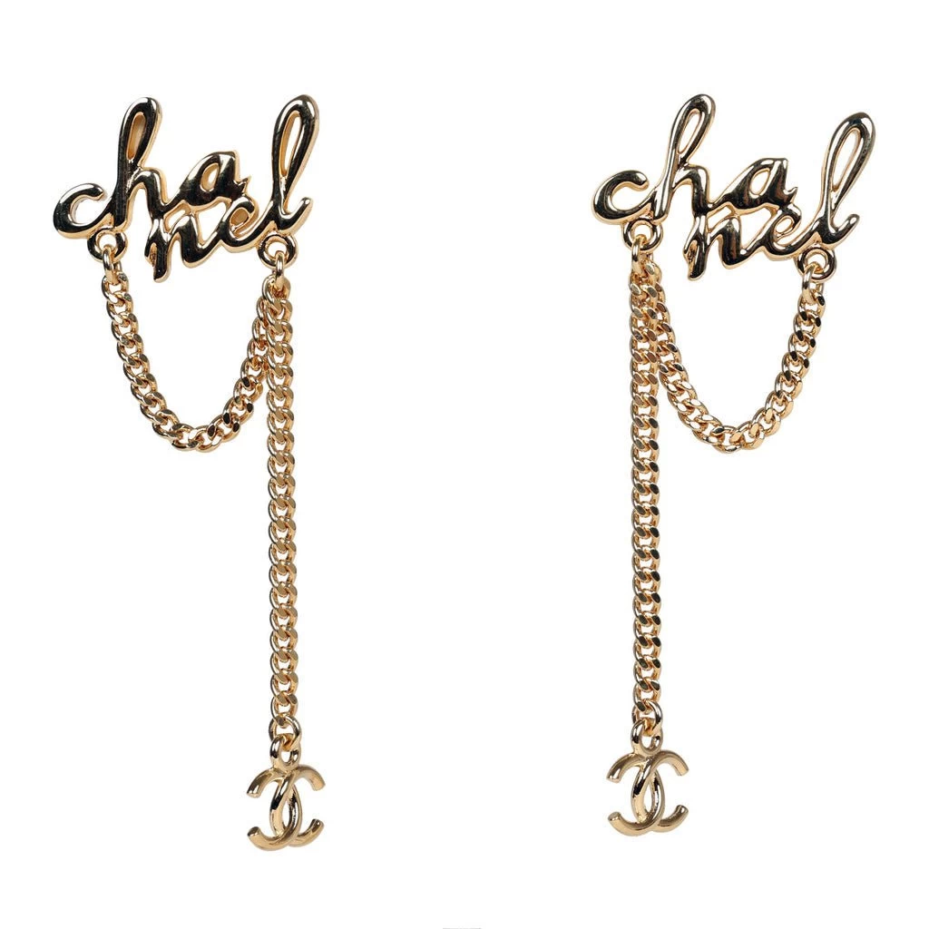 Chanel Logo Drop Chain Earrings Gold Metal 3 Chanel Logo Drop Chain Earrings Gold Metal
