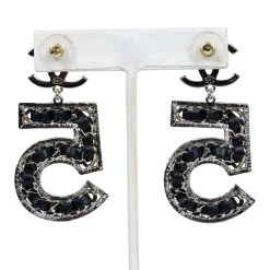 Chanel Crystal CC No 5 Chain Drop Dangle Earrings Black Leather Light Gold Metal -Online Bag Store C E 231117 1 05