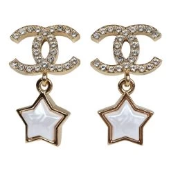 Chanel Crystal And Pearl CC Star Dangle Earrings Gold Hardware