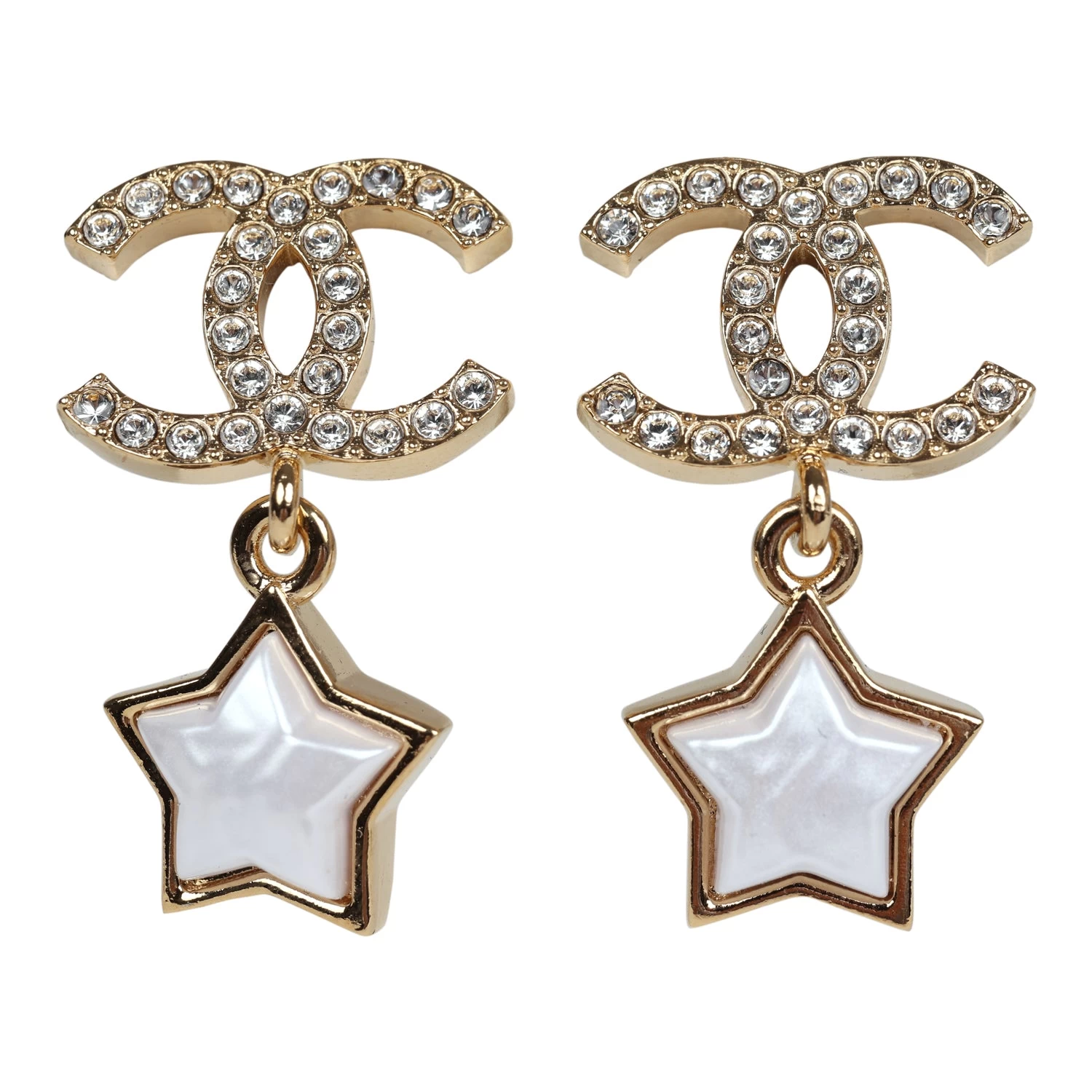 Chanel Crystal And Pearl CC Star Dangle Earrings Gold Hardware 3 Chanel Crystal And Pearl CC Star Dangle Earrings Gold Hardware