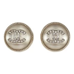 Chanel Crystal CC Round Pearl Stud Earrings Light Gold Hardware