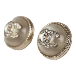 Chanel Crystal CC Round Pearl Stud Earrings Light Gold Hardware -Online Bag Store C E 240102 5 03