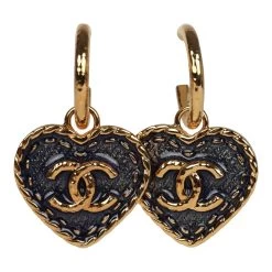 Chanel Gold Hoop CC Blue Denim Heart Dangle Earrings Gold Hardware