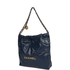 Pre-owned Chanel Large 22 Bag Navy Lambskin Antique Gold Hardware -Online Bag Store C FN 112922 1 05