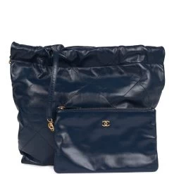Pre-owned Chanel Large 22 Bag Navy Lambskin Antique Gold Hardware -Online Bag Store C FN 112922 1 07