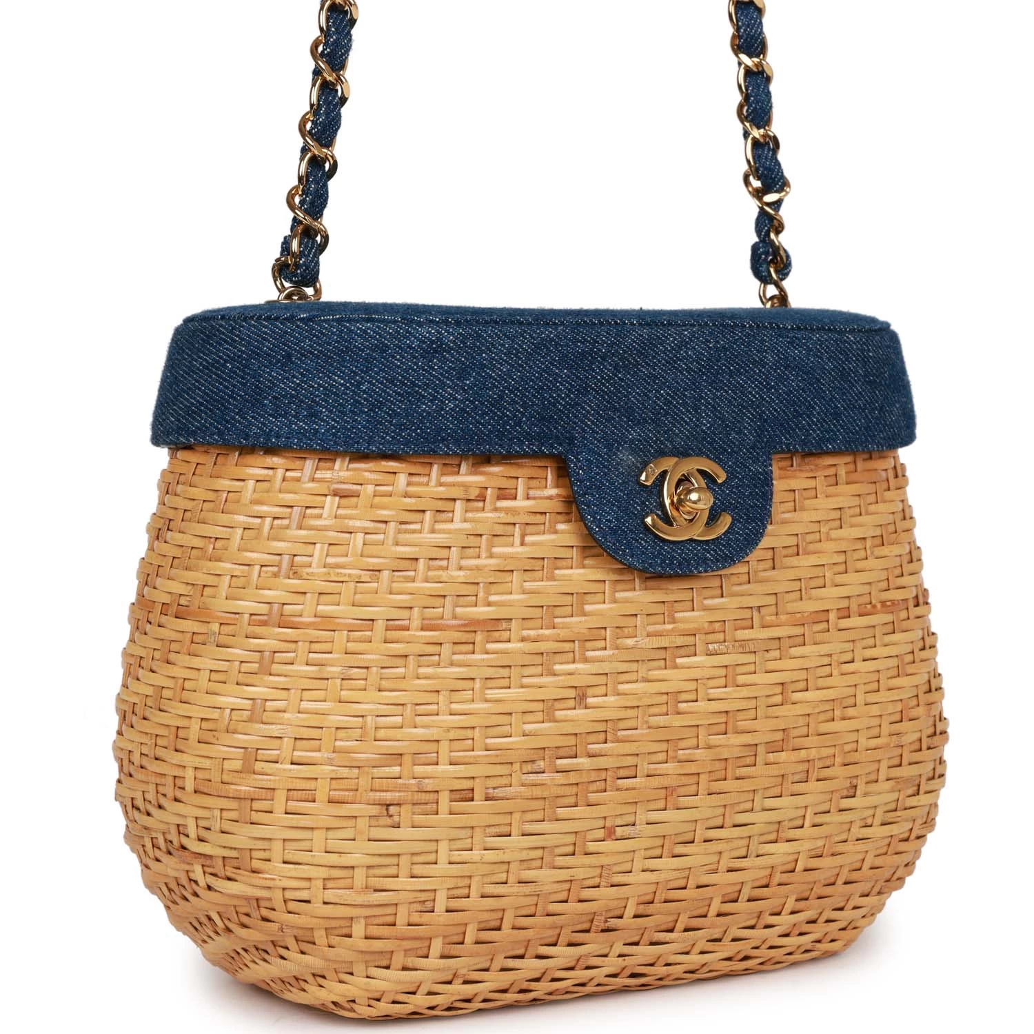 Vintage Chanel Basket Bag Denim And Rattan Wicker Gold Hardware 4 Vintage Chanel Basket Bag Denim And Rattan Wicker Gold Hardware - Image 2