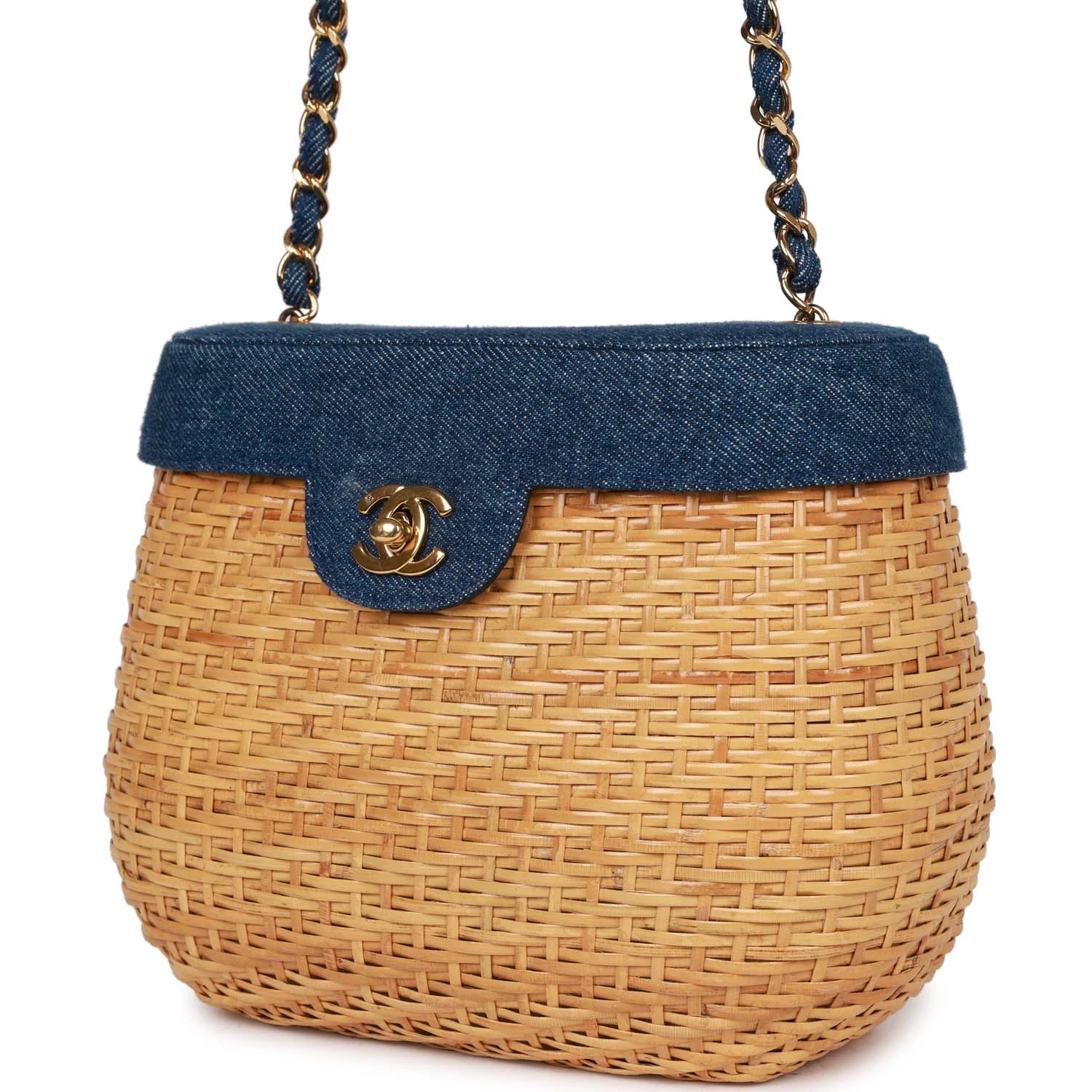 Vintage Chanel Basket Bag Denim And Rattan Wicker Gold Hardware 6 Vintage Chanel Basket Bag Denim And Rattan Wicker Gold Hardware - Image 4