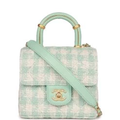 Chanel Mini Square Flap With Top Handle Turquoise And Ecru Tweed Antique Gold Hardware
