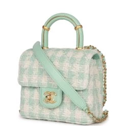 Chanel Mini Square Flap With Top Handle Turquoise And Ecru Tweed Antique Gold Hardware -Online Bag Store C FN 230508 1 03