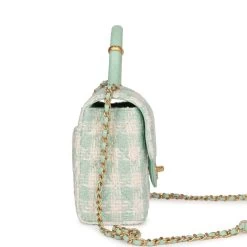 Chanel Mini Square Flap With Top Handle Turquoise And Ecru Tweed Antique Gold Hardware -Online Bag Store C FN 230508 1 04