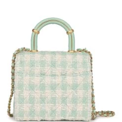 Chanel Mini Square Flap With Top Handle Turquoise And Ecru Tweed Antique Gold Hardware -Online Bag Store C FN 230508 1 05