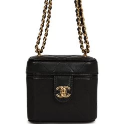Chanel Mini Vanity Case Chain Clutch Black Lambskin Gold Hardware