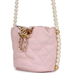Chanel "About Pearls" Mini Drawstring Bucket Bag Pink Calfskin Brushed Gold Hardware -Online Bag Store C FN 230926 2 EZ 04