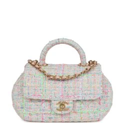 Chanel Mini Flap Bag With Top Handle Pink Tweed Antique Gold Hardware