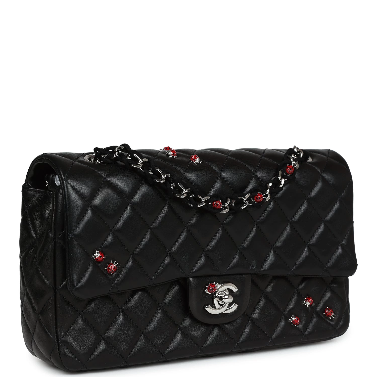 Pre-owned Chanel Medium Lady Bug Single Flap Bag Black Lambskin Silver Hardware 4 Pre-owned Chanel Medium Lady Bug Single Flap Bag Black Lambskin Silver Hardware - Image 2