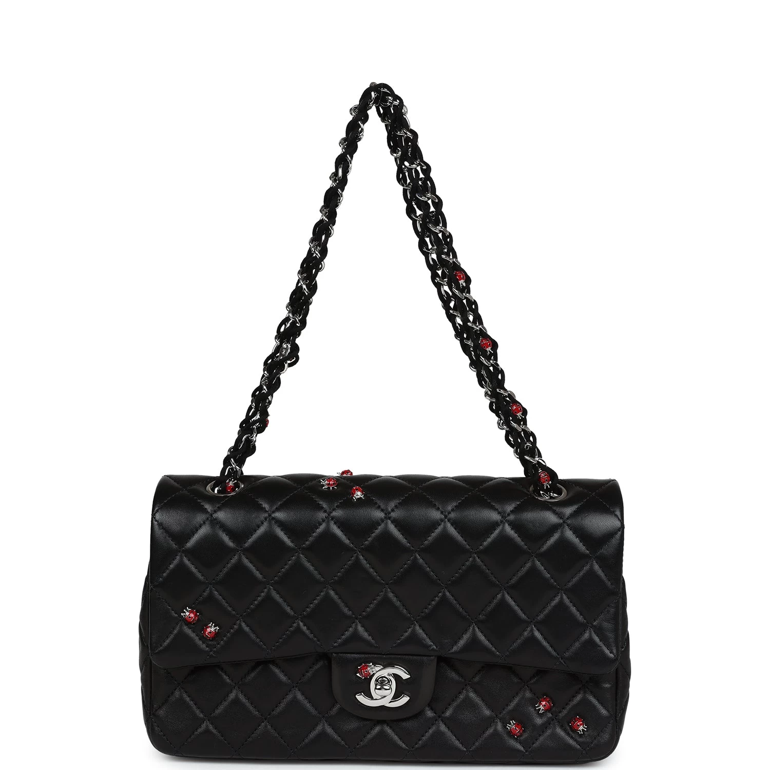 Pre-owned Chanel Medium Lady Bug Single Flap Bag Black Lambskin Silver Hardware 9 Pre-owned Chanel Medium Lady Bug Single Flap Bag Black Lambskin Silver Hardware - Image 7