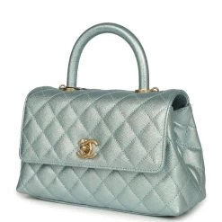 Chanel Small Coco Handle Flap Bag Light Blue Iridescent Caviar Aged Gold Hardware -Online Bag Store C FN 240104 2 KN 03