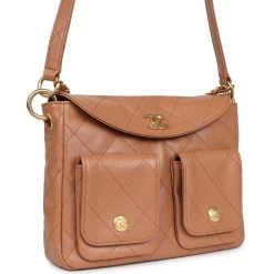 Chanel Double Pocket Hobo Bag Caramel Shiny Calfskin Brushed Gold Hardware -Online Bag Store C FN 240216 5 03