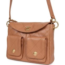 Chanel Double Pocket Hobo Bag Caramel Shiny Calfskin Brushed Gold Hardware -Online Bag Store C FN 240216 5 04
