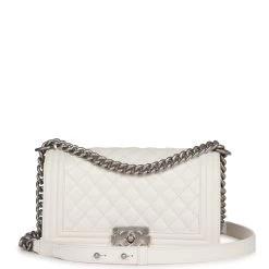 Chanel Medium Boy Bag White Caviar Aged Silver Hardware