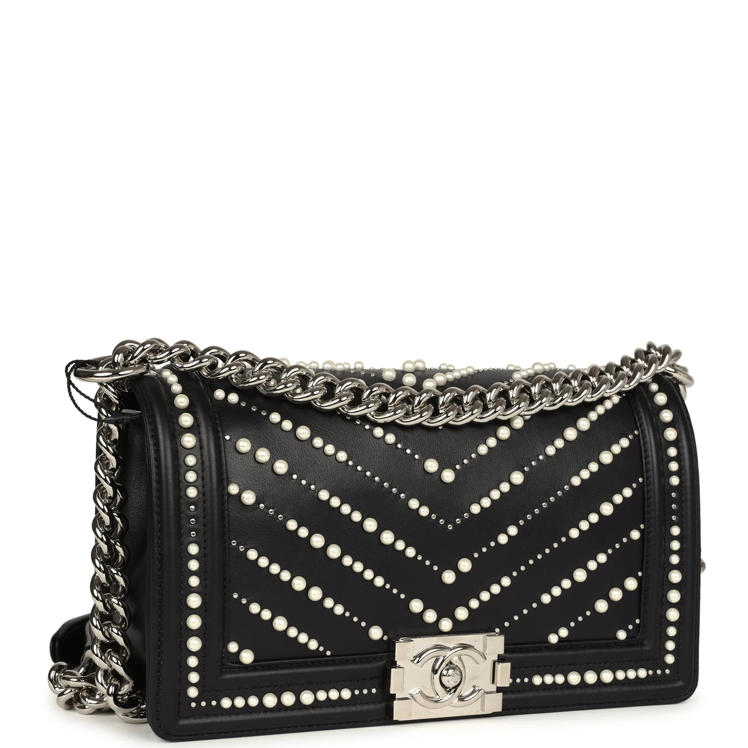 Chanel Medium Boy Bag Black Pearl Chevron Calfskin Silver Hardware 4 Chanel Medium Boy Bag Black Pearl Chevron Calfskin Silver Hardware - Image 2