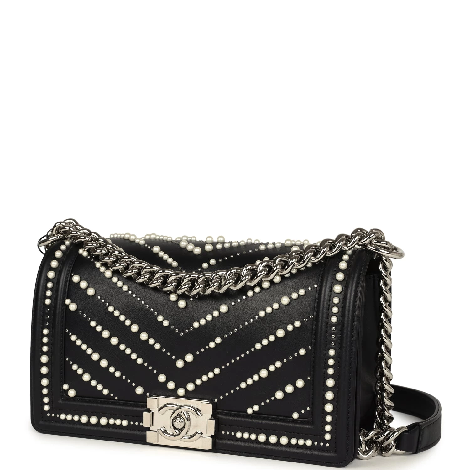 Chanel Medium Boy Bag Black Pearl Chevron Calfskin Silver Hardware 7 Chanel Medium Boy Bag Black Pearl Chevron Calfskin Silver Hardware - Image 5
