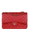 Pre-owned Chanel Jumbo Classic Double Flap Bag Metallic Red Caviar Silver Hardware -Online Bag Store C JM255 230530 1 01
