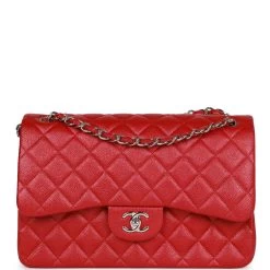 Pre-owned Chanel Jumbo Classic Double Flap Bag Metallic Red Caviar Silver Hardware