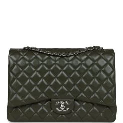 Chanel Maxi Classic Double Flap Bag Olive Green Caviar Silver Hardware