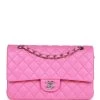 Pre-owned Chanel Medium Classic Double Flap Bag Neon Pink Lambskin Silver Hardware -Online Bag Store C M225 230623 1 01