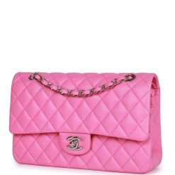 Pre-owned Chanel Medium Classic Double Flap Bag Neon Pink Lambskin Silver Hardware -Online Bag Store C M225 230623 1 03