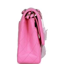 Pre-owned Chanel Medium Classic Double Flap Bag Neon Pink Lambskin Silver Hardware -Online Bag Store C M225 230623 1 04