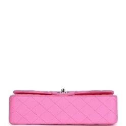 Pre-owned Chanel Medium Classic Double Flap Bag Neon Pink Lambskin Silver Hardware -Online Bag Store C M225 230623 1 06