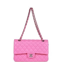 Pre-owned Chanel Medium Classic Double Flap Bag Neon Pink Lambskin Silver Hardware -Online Bag Store C M225 230623 1 07